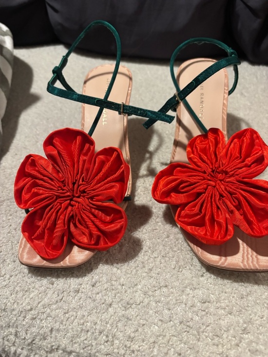 Loeffler Randall Shoes - Loeffler Randall Red Floral Front-Strap Sandals with Green Ankle Straps